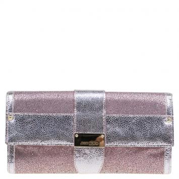 Pre Owned Jimmy Choo Metallic Silver/Pink Leather and Glitter Ubai Clutch