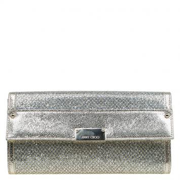 Pre Owned Jimmy Choo Gold Metallic Leather and Glitter Reese Continental Clutch