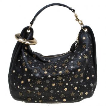 Pre Owned Jimmy Choo Black Leather Large Solar Zodiac Studded Hobo