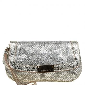 Pre Owned Jimmy Choo Silver Glitter and Leather Zeta Clutch