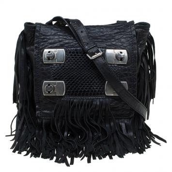 Pre Owned Jimmy Choo Black Grain Leather and Python Adele Fringe Crossbody Bag