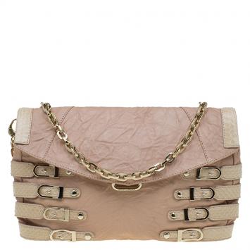 Pre Owned Jimmy Choo Beige Leather and Python Trim Brix Convertible Clutch