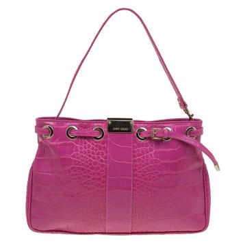 Pre Owned Jimmy Choo Pink Croc Embossed Leather Pochette