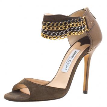 Pre Owned Jimmy Choo Khaki Suede and Leather Jenna Chain Detail Sandals Size 38