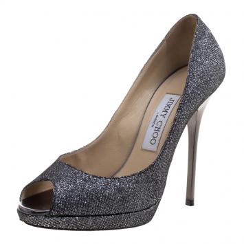 Pre Owned Jimmy Choo Silver Metallic Lamé Luna Peep Toe Platform Pumps Size 37.5