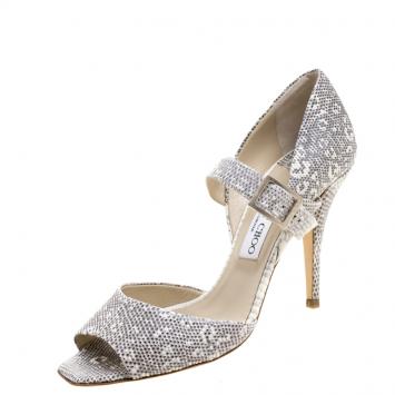Pre Owned Jimmy Choo Grey Reptile Embossed Leather Lace Mary Jane Pumps Size 39