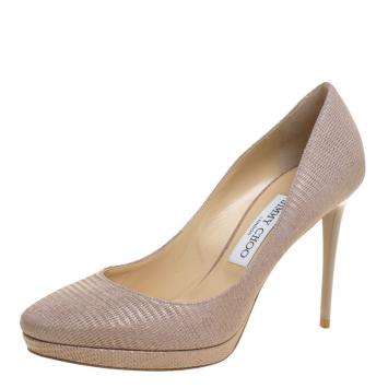 Pre Owned Jimmy Choo Beige Lizard Embossed Glitter Leather Hope Platform Pumps Size 38.5