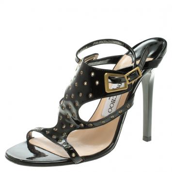 Pre Owned Jimmy Choo Black Eyelet Embellished Patent Leather Proud Strappy Sandals Size 35.5