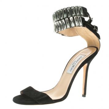 Pre Owned Jimmy Choo Black Suede Crystal Embellished Ankle Cuff Sandals Size 37