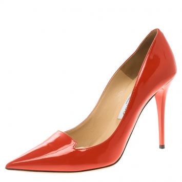 Pre Owned Jimmy Choo Orange Patent Leather Avril Pointed Toe Pumps Size 39