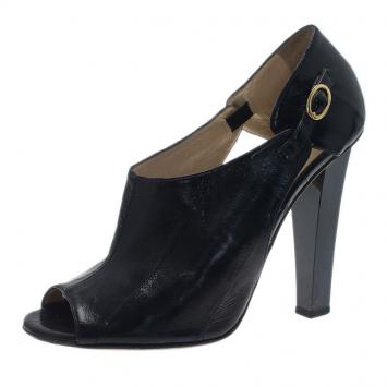 Pre Owned Jimmy Choo Black Leather Peep Toe Ankle Booties Size 37.5