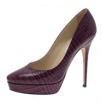 Pre Owned Jimmy Choo Purple Croc Embossed Leather Cosmic Pumps Size 38 