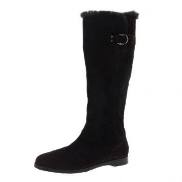 Pre Owned Jimmy Choo Brown Suede Fur Knee Boots Size 37.5 