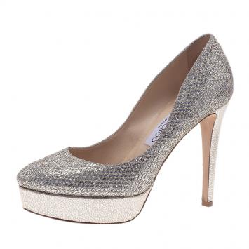Pre Owned Jimmy Choo Silver Glitter Eros Platform Pumps Size 37