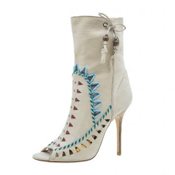 Pre Owned Jimmy Choo Beige Suede Embellished 'Zanzibar' Cut-Out Booties Size 40 