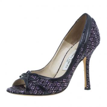 Pre Owned Jimmy Choo Black and Purple Tweed Bow Peep Toe Pumps Size 38