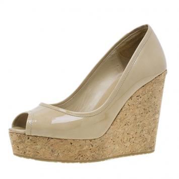 Pre Owned Jimmy Choo Nude Patent Papina Cork Wedge Pumps Size 38.5