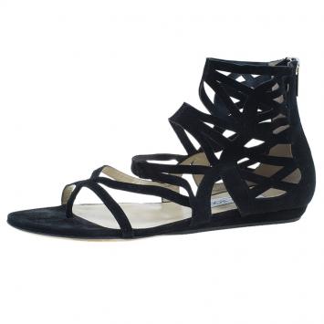 Pre Owned Jimmy Choo Black Suede Vernie Laser Cut Gladiator Sandals Size 38.5