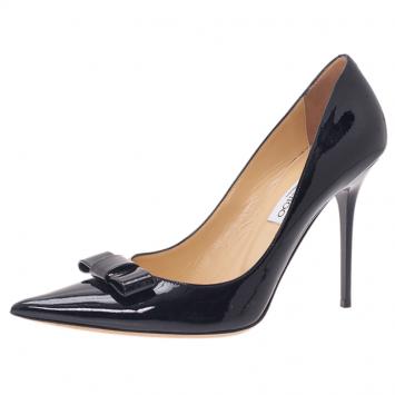 Pre Owned Jimmy Choo Black Patent Marie Bow Detail Pumps Size 40.5