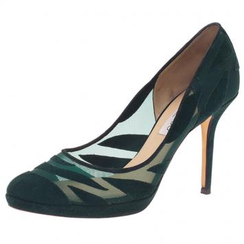Pre Owned Jimmy Choo Green Suede and Mesh Kersey Platform Pumps Size 39