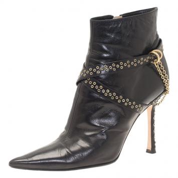 Pre Owned Jimmy Choo Black Leather Grommet Strap and Chain Detail Ankle Boots Size 38.5