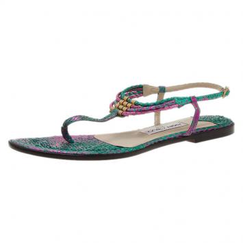 Pre Owned Jimmy Choo Purple Metallic Python Embossed Thong Sandals Size 38.5