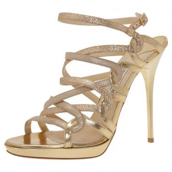 Pre Owned Jimmy Choo Gold Glitter Dart Strappy Sandals Size 38.5