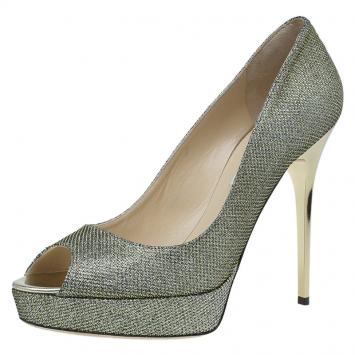 Pre Owned Jimmy Choo Gold Glitter Fabric Dahlia Platform Peep Toe Pumps Size 40.5