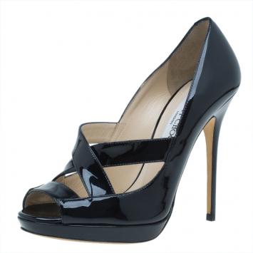 Pre Owned Jimmy Choo Black Patent Gesture Cross Strap Peep Toe Platform Pumps Size 36.5