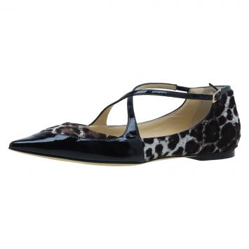 Pre Owned Jimmy Choo Black Leather and Leopard Print Pony Hair Gamble Crisscross Ballet Flats Size 37.5