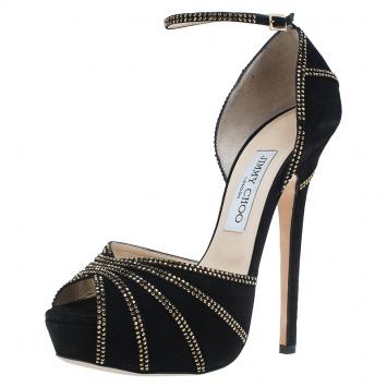 Pre Owned Jimmy Choo Black Suede Crystal Embellished Kalpa Ankle Strap Platform Sandals Size 38
