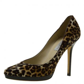 Pre Owned Jimmy Choo Brown Leopard Pony Hair Victoria Almond Toe Pumps Size 38
