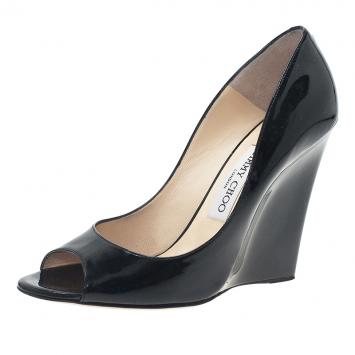Pre Owned Jimmy Choo Black Patent Baxen Peep Toe Wedge Pumps Size 38.5
