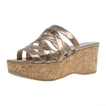 Pre Owned Jimmy Choo Metallic Gold Leather and Cork Nita Wedge Slides Size 38