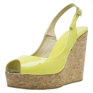 Pre Owned Jimmy Choo Yellow Patent Prova Slingback Cork Wedge Sandals Size 38.5