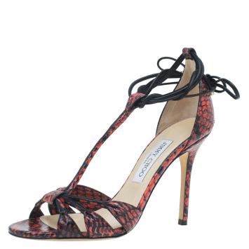 Pre Owned Jimmy Choo Orange Elaphe and Leather Motive Ankle Wrap Sandals Size 38.5