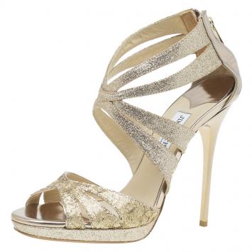 Pre Owned Jimmy Choo Gold Glitter Collar Platform Sandals Size 39