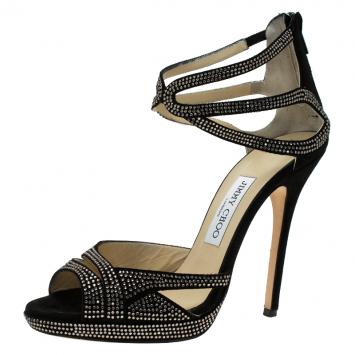 Pre Owned Jimmy Choo Black Crystal Studded Suede Strappy Sandals Size 40