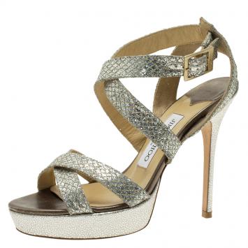 Pre Owned Jimmy Choo Silver and Gold Glitter Vamp Platform Sandals Size 38
