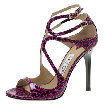 Pre Owned Jimmy Choo Pink and Black Print Patent Lance Strappy Sandals Size 35.5
