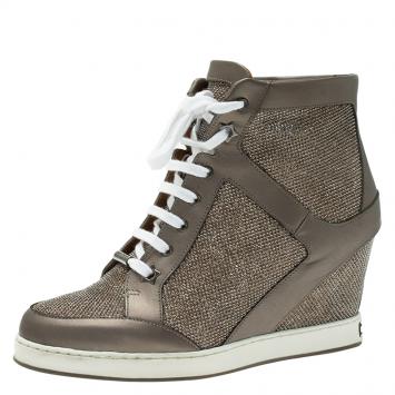 Pre Owned Jimmy Choo Macaroon Lame Glitter and Metallic Leather Preston Panama Wedge Sneakers Size 37.5