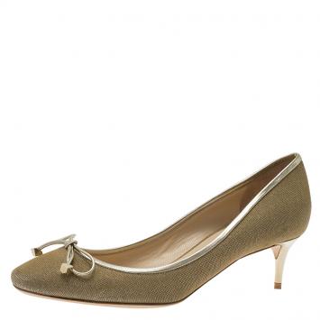 Pre Owned Jimmy Choo Gold Leather and Glitter Fabric River Pumps Size 38 