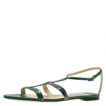 Pre Owned Jimmy Choo Green and Grey Magnes Leather Ankle Strap Sandals Size 41 