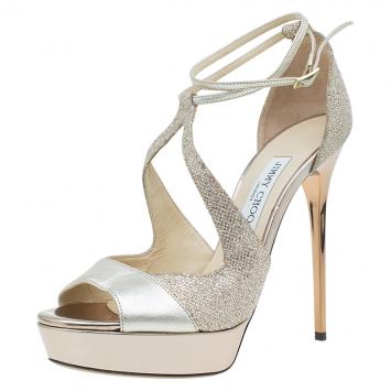 Pre Owned Jimmy Choo Gold Leather and Glitter Fabric Valdia Platform Sandals Size 40.5