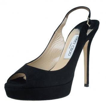 Pre Owned Jimmy Choo Black Suede Shaw Platform Slingback Sandals Size 38.5