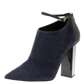Pre Owned Jimmy Choo Navy Blue Suede and Black Leather Vanish Ankle Boots Size 39.5
