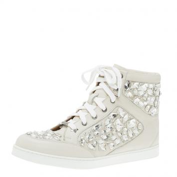 Pre Owned Jimmy Choo Cream Leather Crystal Embellished Tokyo High-Top Sneakers Size 40