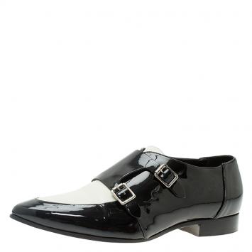 Pre Owned Jimmy Choo Monochrome Leather Mardi Monk Strap Flats Size 38.5