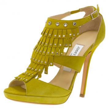 Pre Owned Jimmy Choo Yellow Suede Studded Fringe Platform Sandals Size 36.5