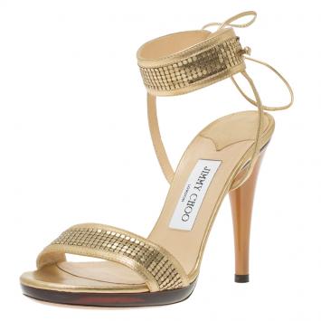 Pre Owned Jimmy Choo Gold Leather Embellished Ankle Strap Platform Sandals Size 38